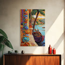 Tropical Boat, Village, Shoreline, Canvas Print, Coastal Wall Art, Vibrant Travel Scene, Boho Seaside Decor, Beach House Painting