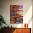 Tropical Sunset, House, Dock, Framed Canvas Print vibrant coastal house wall art, beach wall decor, sunset painting, tropical room decor