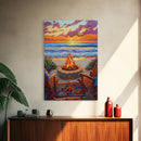 Firepit Sunset, Beach, Chairs, Canvas Print, cozy beach fire art, boho sunset vibes, fall bonfire wall decor, living room or patio