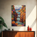 Waterfall Cliffs, Ocean, Framed Canvas Print, Tropical Canyon Wall Art, Colorful Nature Inspired Decor, Bathroom art, Entryway Wall Art