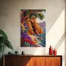 Cave Beach, Flowers, Framed Canvas Print, Coastal Landscape Wall Art, Colorful Boho Nature Decor, Living Room art, Office Wall Art