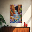 Waterfall Arch, Canyon, Coastal, Framed Canvas Print dramatic coastal waterfall painting, colorful canyon ocean view, nature boho decor