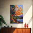 Pine Forest, Sunset, River, Framed Canvas Print, vibrant mountain art, autumn wall decor, cozy cabin wall art, rustic lodge artwork