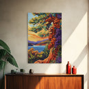 Tree Lake, Mountains, Nature, Framed Canvas Print, pine tree art, autumn landscape wall decor, cozy cabin or lodge art, textured style