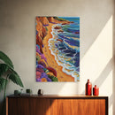 Cliff Shoreline, Ocean, Flowers, Framed Canvas Print, coastal boho art, colorful seascape, beach lover gift, bathroom or hallway art