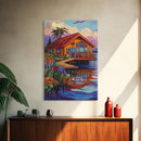 Cabin Dock, Water, Reflection, Framed Canvas Print, lake house decor, cozy retreat wall art, rustic reflection painting, fall colors