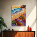 Shore Blanket, Waves, Golden, Canvas Print, tropical boho decor, beach sunset wall art, oceanview relaxation scene, summer bathroom decor