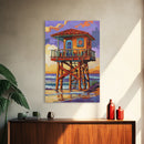 Lifeguard Ocean, Surf, Sunset, Framed Canvas Print, Vibrant Lifeguard Tower Canvas, Surf Shack Painting, Beach Wall Art, Living Room Accent