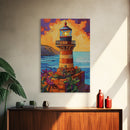 Lighthouse Ocean, Sunset, Boho, Framed Canvas Print, Lighthouse Wall Art, Coastal Decor, Nautical Sunset Canvas, Living Room Boho Artwork