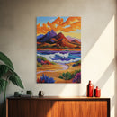 Mountain Coast, Sunset, Bold Desert Landscape Painting, Nature Adventure Art, Office Wall Decor, Framed Canvas Print