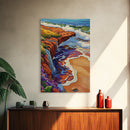 Waterfall Beach, Sunset, Coastal Landscape Framed Canvas Print, Colorful Ocean Wall Decor, Living Room Coastal Art, Seaside Painting