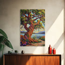 Majestic Tree, Lakeside, Sunset Canvas Print, Nature Lover’s Wall Art, Cabin Living Room Decor, Whimsical Landscape Painting