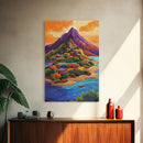Mountain Village, Sunset, Adventure, Framed Canvas Print, Bright Landscape Wall Art, Colorful Home Decor, Eclectic Living Room Art