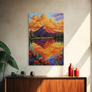 Mountain Reflection, Lake, Sunset, Framed Canvas Print, Vibrant Nature Wall Art, Rustic Cabin Decor, Bold Sunset Landscape Painting