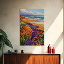 Ocean Cliffside, Floral, Seascape, Framed Canvas Print, Coastal Nature Wall Art, Bold Botanical Beach Decor, Bathroom Accent Piece