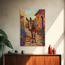 Donkey Village, Rustic, Whimsy, Framed Canvas Print, Southwestern Farmhouse Decor, Colorful Animal Wall Art, Entryway Accent Piece