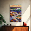 Waves Rocky, Shoreline, Sunset, Framed Canvas Print, Coastal Nature Art, Vibrant Seascape Wall Decor, Bathroom or Living Room Art