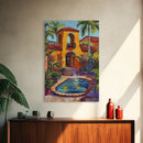 Spanish Fountain, Courtyard, Tropical, Framed Canvas Print, Vibrant Summer Wall Art, Hacienda Living Room Decor, Eclectic Boho Style