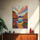 Sunset Boats, Tranquil Cove, Coastal Wall Decor, Framed Canvas Print, Beach House Art, Pastel Sky Painting, Colorful Nautical Art