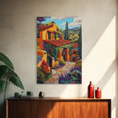 Spanish Villa, Rustic Path, Mediterranean Home Decor, Framed Canvas Print, Warm Color Art, Living Room Wall Art, Autumn Architecture Style