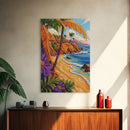 Tropical Beach, Huts, Framed Canvas Print, Island paradise artwork, palm tree coastal decor, bathroom or entryway art, boho summer scene