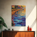 Waterfront Glow, Sunset Village, Palm Colors, Tranquil Scene, Framed Canvas Print, Dining Room Wall Art, Coastal Home Decor, Tropical Vibes