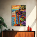 Tropical Garden Waterfall, Coastal Wall Art, Sunset Jungle Scene, Framed Canvas Print, Vibrant Nature Painting, Living Room Boho Art