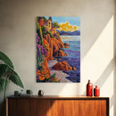 Ocean Cliffside Villa, Seaside Sunset Art, Purple Water Shoreline, Canvas Print, Kitchen Wall Art, Vibrant Mediterranean Landscape