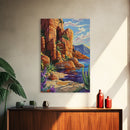 Desert Cliffside, Ocean View, Nature Painting, Colorful Landscape, Living Room Wall Art, Framed Canvas Print, Southwest Home Decor