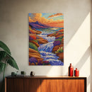 Waterfall Stream, Sunset Sky, Mountain Flow, Fall Colors, Nature Home Decor, Rustic Cabin Vibe, Canvas Print, Living Room Wall Art
