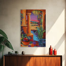 Desert Garden View, Vibrant Sunset Patio, Mexican Courtyard Scene, Framed Canvas Print, Colorful Patio Art, Kitchen Wall Art, Boho Decor