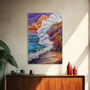 Ocean Wave, Sunset Sky, Rocky Coast, Vibrant Sea — Framed Canvas Print beach wall decor, colorful ocean art, coastal living room wall art