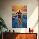 Man Swimming Sunset, Ocean Freedom Art, Tropical Wall Decor, Canvas Print, Bright Water Colors, Bold Bathroom Wall Art