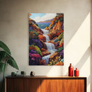 Cascading Falls, Ocean Cliffs, Tropical Flowers, Bold Nature, Framed Canvas Print, Living Room Wall Art, Maximalist Decor, Beach Art