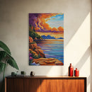 Sunset Shore, Tranquil, Mountains, Framed Canvas Print scenic mountain coast, sunset wall art, calming nature art, bohemian living room decor