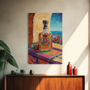 Tequila Bottle, Colorful Spirits, Bar Decor, Still Life, Framed Canvas Print kitchen wall art, Mexican bar art, fiesta rustic painting
