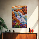 Coastal Waterfall, Ocean Rocks, Tropical Seascape, Sunset Art, Framed Canvas Print bathroom decor, beach lovers gift, colorful nature art