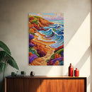 Colorful Beach, Tropical Waves, Vibrant Landscape, Coastal Flowers, Framed Canvas Print, boho art, sunroom wall decor, beach house painting