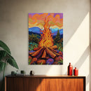 Flames Forest, Dusk, Firelight, Framed Canvas Print rustic bonfire wall art, forest painting, Autumn cabin decor, cozy living room wall art
