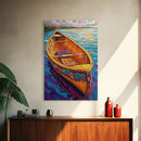 Canoe Tranquil, Reflection, Water, Canvas Print, vibrant lake, boat painting, colorful water art, lakehouse decor, boho bedroom wall art