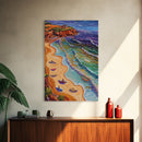 Beach Waves, Boats, Aerial Coastal Landscape, Framed Canvas Print, Boho Ocean Art, Bathroom Wall Decor, Vibrant Nautical Artwork