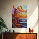 Lighthouse Sunset, Waves, Dramatic Coastal Sunset, Framed Canvas Print, Nautical Office Wall Art, Fall Coastal Decor, Bold Color Painting