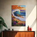 Wave Sunset, Ocean, Flowers, Canvas Print, Crashing sunset wave with tropical flowers, coastal bathroom and surf-themed wall decor