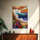 Wave Bold, Ocean, Sunset, Framed Canvas Print, Sunset surf wave crashing on rocks with bold colors, perfect beach house wall art