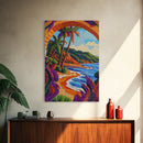 Tropical Palm, Beach, Archway, Canvas Print, Vibrant tropical beach with palm trees through archway, boho bedroom island-inspired wall decor