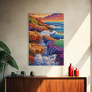 Waterfall Ocean, Rocks, Waves, Canvas Print, Vibrant ocean waterfall over rocky cliffs with colorful waves, ideal coastal living room