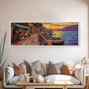 Harbor Village Sunset, Vibrant Coastal Town Painting, Mediterranean Art, Kitchen or Hallway Decor Framed Canvas Print, Beach House Wall Art