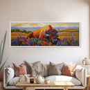 Resting Bison, Sunset Plains, Prairie Wildflowers, Framed Canvas Print, Autumn Decor, Western Wall Art, Cabin Living Room Accent