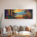 Ocean Escape, Sunset Garden, Floral Coastal Scene, Mediterranean Vibes, Framed Canvas Print, Kitchen Wall Art, Bold Color Artwork