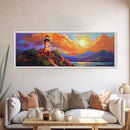 Lighthouse Sunset, Coastal Path, Mountain Horizon, Framed Canvas Print, nautical wall art, romantic sunset, boho living room decor